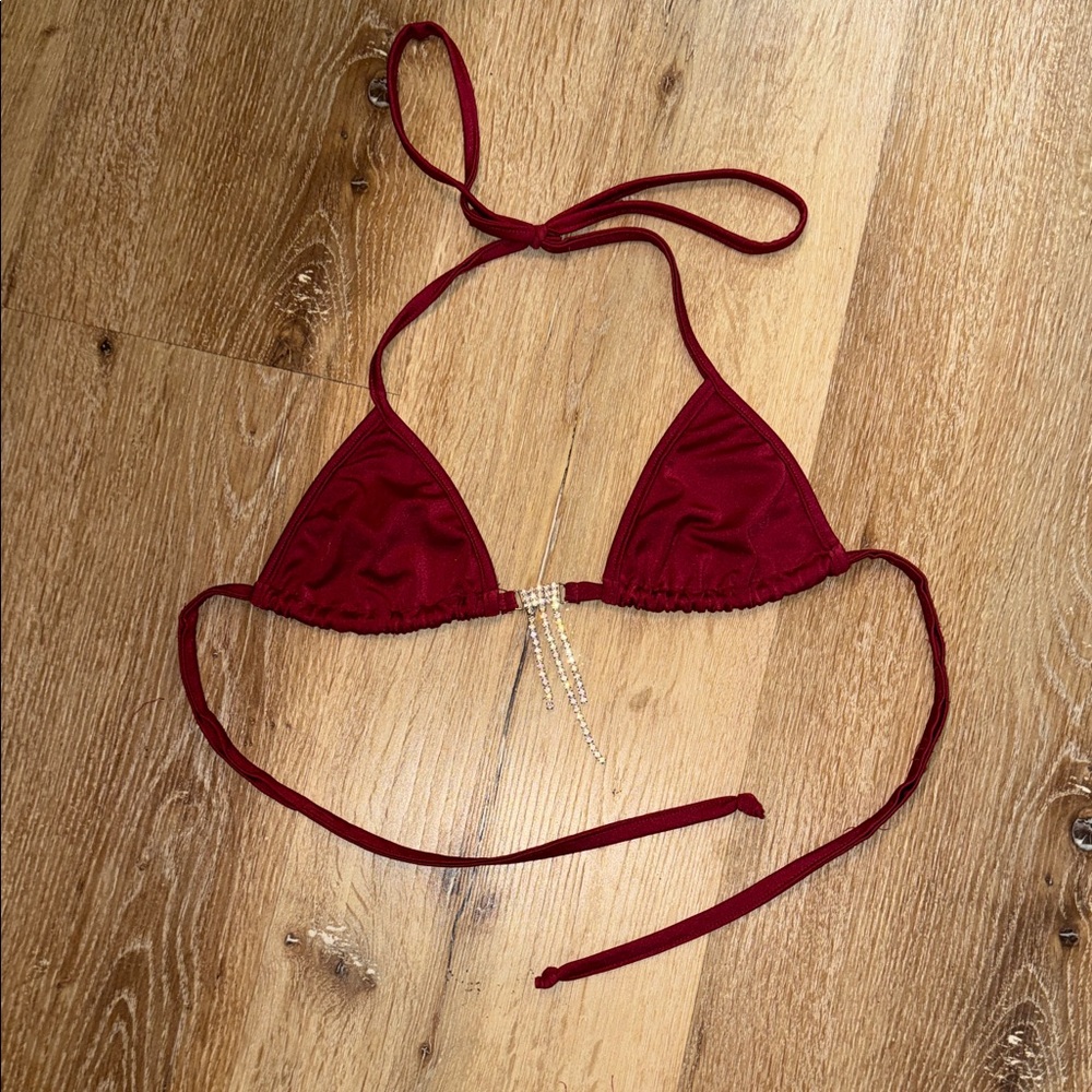 Red Triangle Bikini Top with Rhinestone Dangle